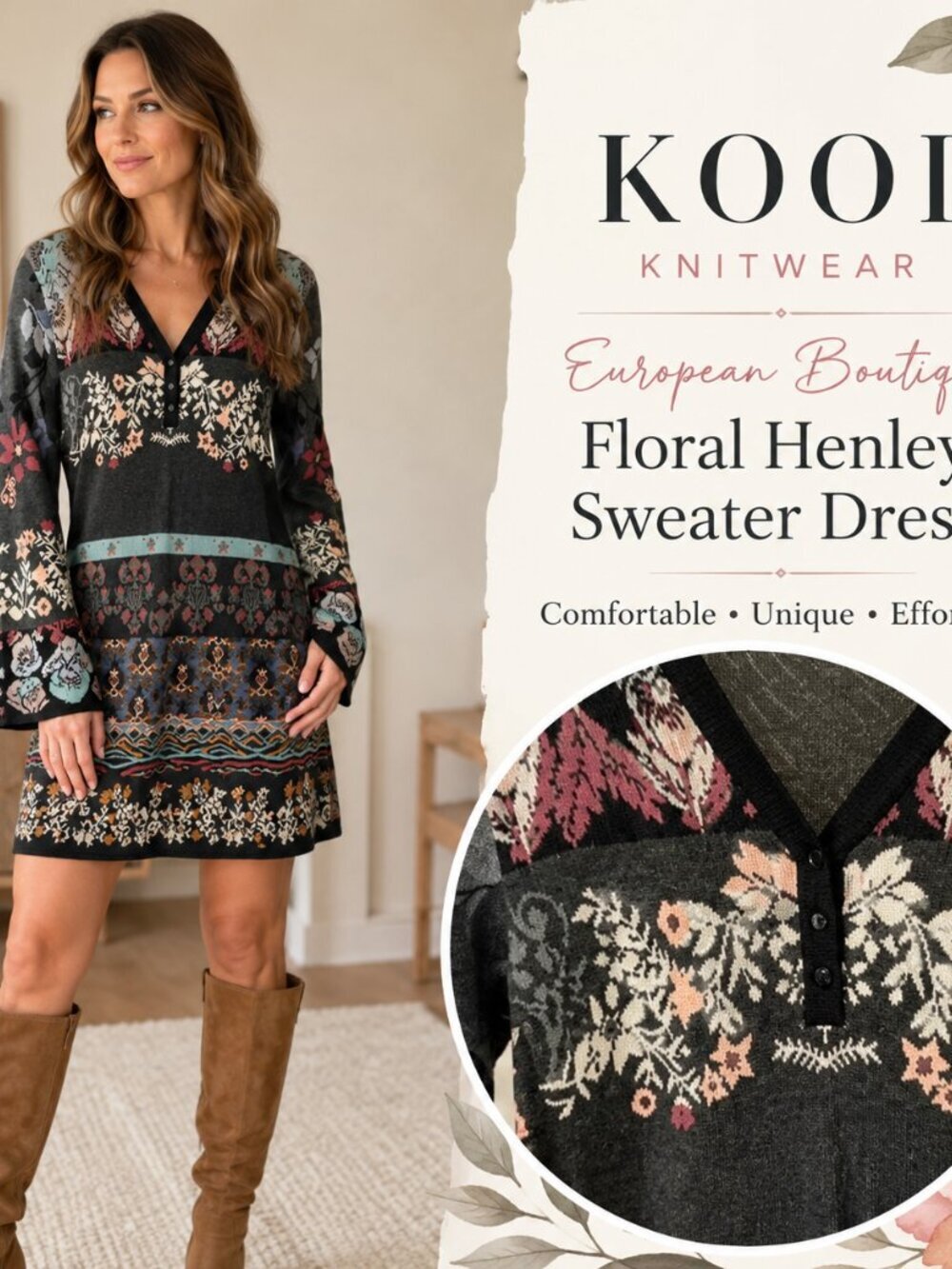 KOOI Knitwear Floral Fair Isle Knit Henley Dress Wearable Art, European Boutique